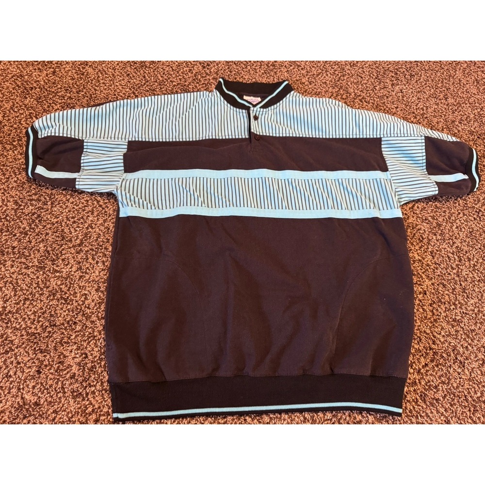 VTG Boulevard Club by Block Striped Knit Polo Shirt Mens L Black Blue Dadcore